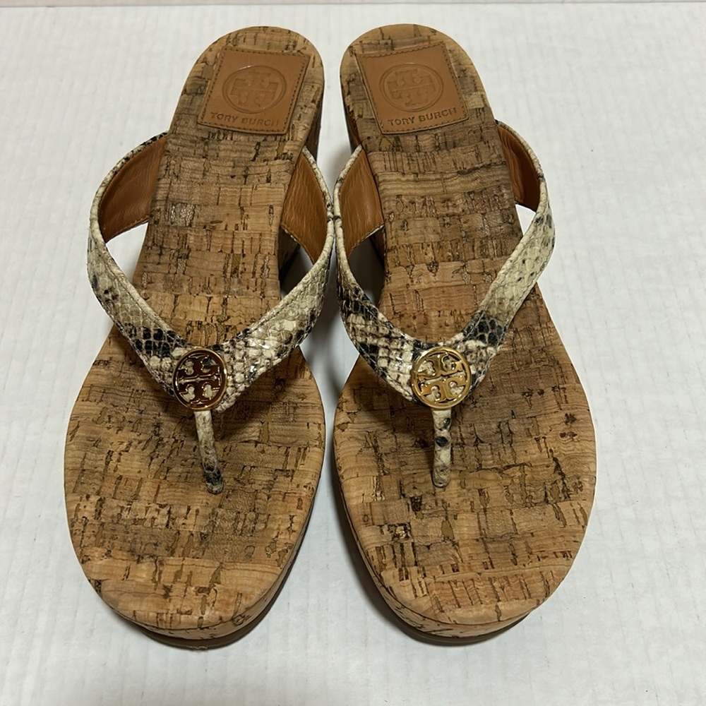 Tory Burch Suzy Sandals Snakeskin Cork Platform Wedge Leather - Size 7.5 - Picture 2 of 11